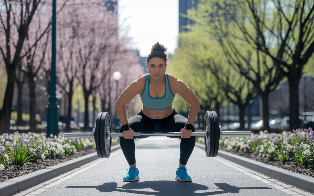 A determined IMG participating in an energetic outdoor workout session in a city park, surrounded by nature. The individual, wearing athletic gear, is lifting weights with a focused expression. The background portrays blooming flowers and trees in full spring, with bright sunlight illuminating the scene, symbolizing vitality and a positive approach to health.