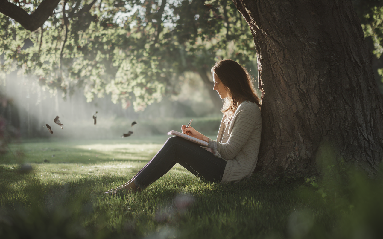 A contemplative IMG seated in a peaceful garden, journaling their thoughts under a large tree. Soft sunlight filters through the leaves, casting dappled shadows around. The scene is serene, with birds chirping and gentle breezes, creating an atmosphere that promotes self-reflection and emotional intelligence.