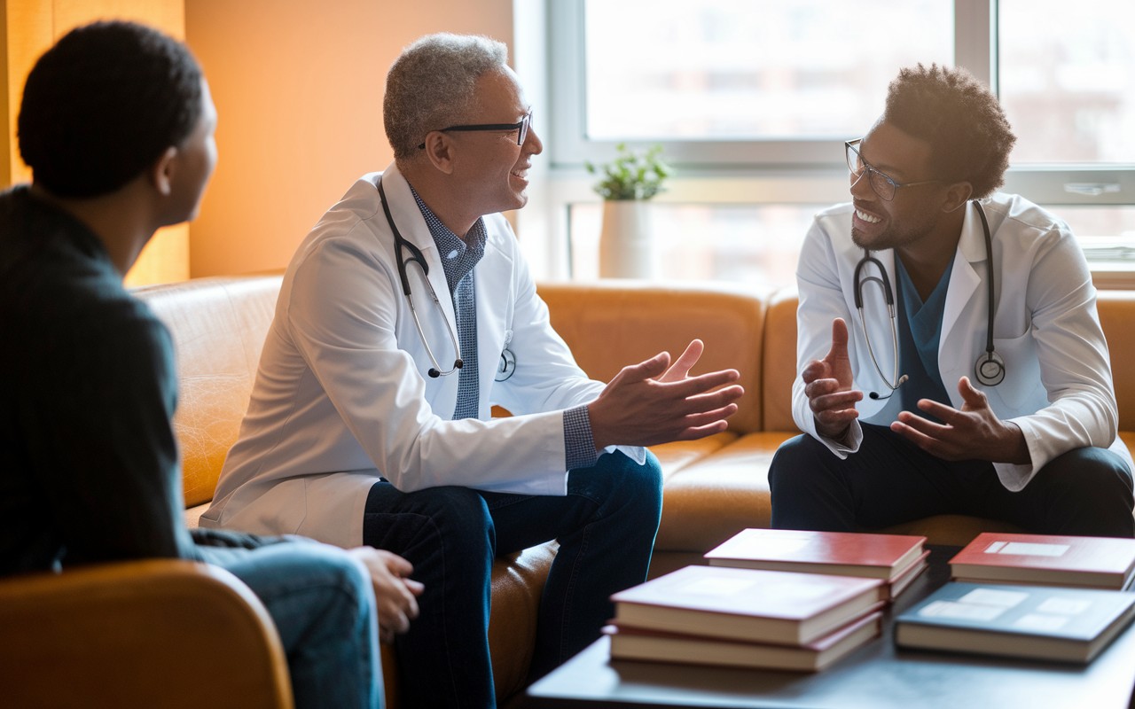 An IMG connecting with an experienced mentor in a friendly, supportive office space. The mentor, an established physician, shares knowledge over a coffee table filled with medical journals. Warm natural light from a nearby window creates an inviting atmosphere, highlighting the mentor's encouraging demeanor, with both individuals deeply engaged in conversation, symbolizing guidance and understanding.