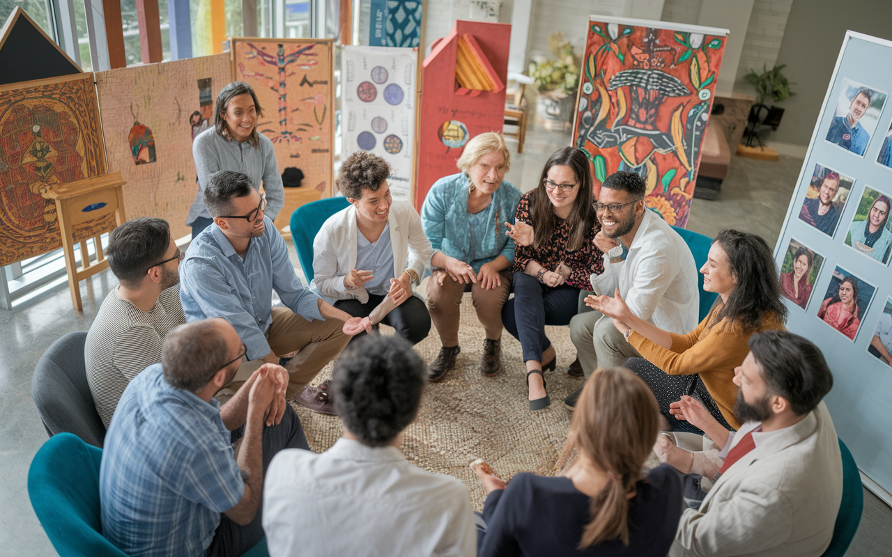 A group of International Medical Graduates (IMGs) sharing different cultural practices related to healthcare during a community forum. Participants from various backgrounds enthusiastically contribute, surrounded by cultural artifacts and posters depicting their heritage. The space is well-lit, reflecting a sense of warmth and openness, fostering enriched discussions and learning about diverse healthcare approaches.