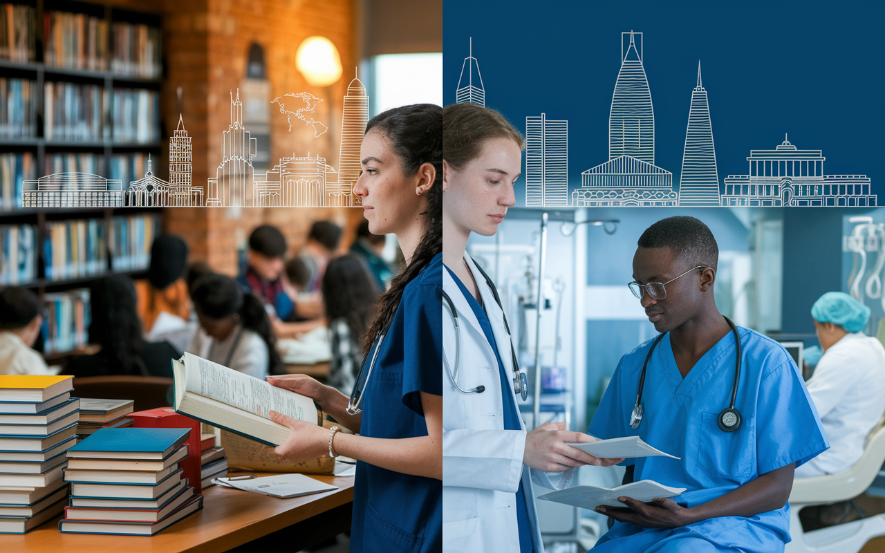 A split-screen depiction showcasing a diverse group of International Medical Graduates studying in different environments across the world. On one side, a student in a busy library surrounded by stacks of medical books; on the other, a student consulting with a patient in a hospital. The background displays iconic landmarks from various countries to signify their global origins. The lighting contrasts warm, cozy indoor lighting on one side with clinical fluorescent lighting on the other, illustrating the blend of study and practical challenges faced by IMGs.