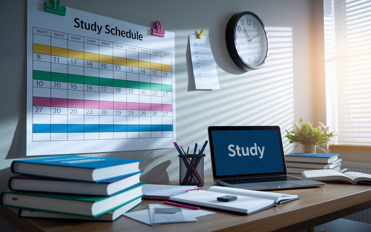 A detailed study schedule pinned on a wall, featuring color-coded sections for different subjects and study methods. A desk nearby is cluttered with medical textbooks, a laptop displaying a study app, and stationery. Natural light filters through a window, casting a warm glow, emphasizing organization and productivity. A clock on the wall indicates the time management aspect of studying, with a calm and focused atmosphere.