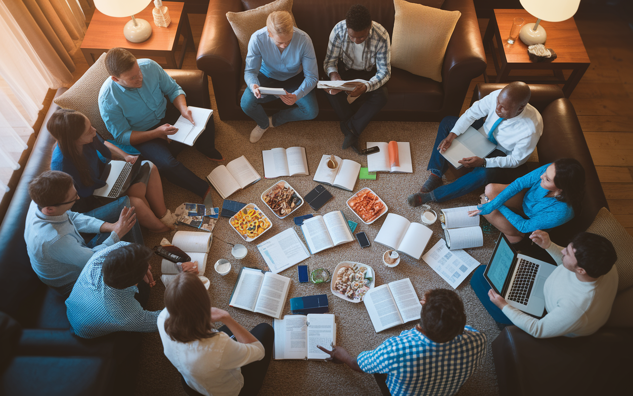 A vibrant study group assembled in a cozy living room, surrounded by medical texts and discussion notes sprawled on the floor. Participants are animatedly discussing clinical cases while others are working on laptops. The room is warmly lit with soft lighting, accentuating the collaborative spirit. Snacks and drinks are available, creating a relaxed yet productive study environment, reinforcing the importance of teamwork among IMGs.