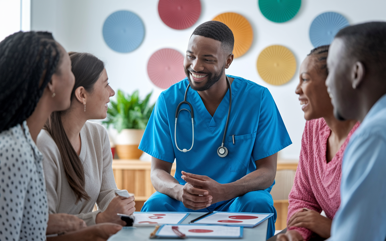 An International Medical Graduate in scrubs empathetically communicating with a diverse group of patients in a clinic setting. The physician is using active listening skills, making eye contact, and providing information on treatment options with visual aids. The atmosphere is warm and inviting, showcasing cultural decor relevant to the patient demographics.