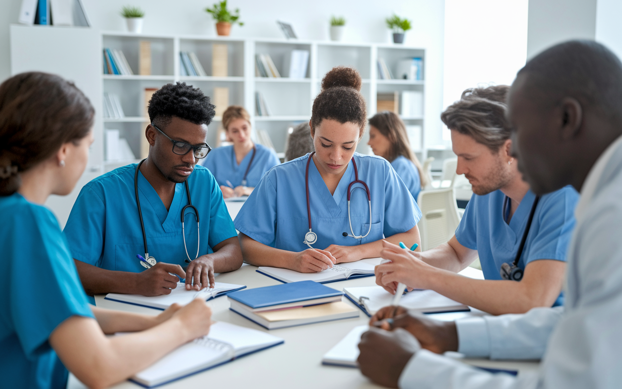 A group of International Medical Graduates participating in an ethics workshop in a bright classroom environment. They are actively engaging with a facilitator, taking notes, and discussing case studies. The room is filled with educational resources, and the atmosphere is focused and encouraging, symbolizing the importance of continuous learning in medicine.