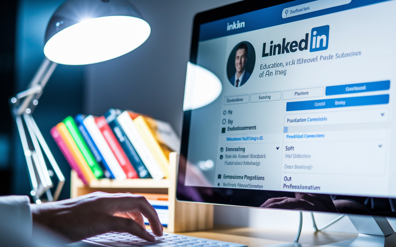 A close-up of a computer screen displaying a well-structured LinkedIn profile of an IMG, featuring sections like education, endorsements, and professional connections. Bright lighting from a desk lamp creates a focused atmosphere, with a hand typing on a keyboard. In the background, a small bookshelf filled with medical books adds a scholarly touch. The ambiance conveys professionalism and ambition.