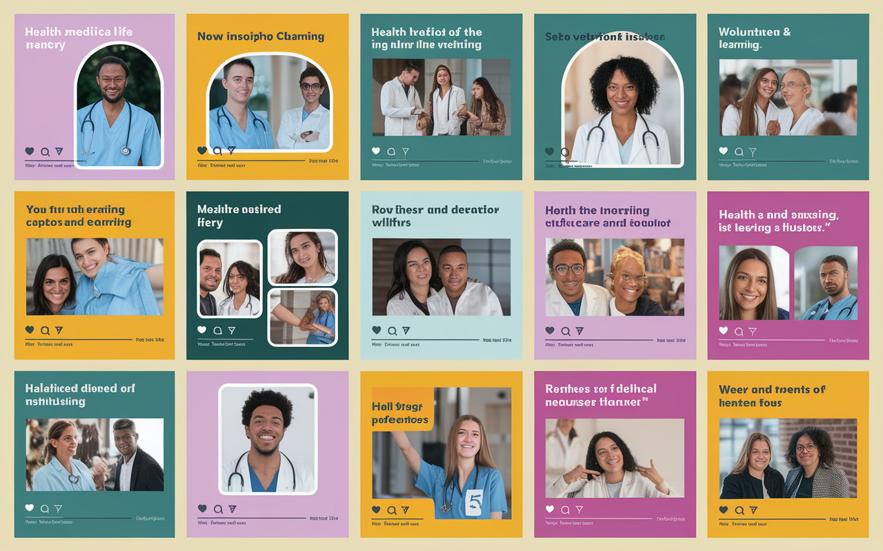 An aesthetic Instagram feed showcasing images of an IMG's daily medical life, including photos from clinical rotations, volunteer work, and moments of learning. The layout is colorful and engaging, integrating health-themed captions and hashtags. The atmosphere is uplifting and inspiring, capturing the dedication and enthusiasm of a future healthcare professional.