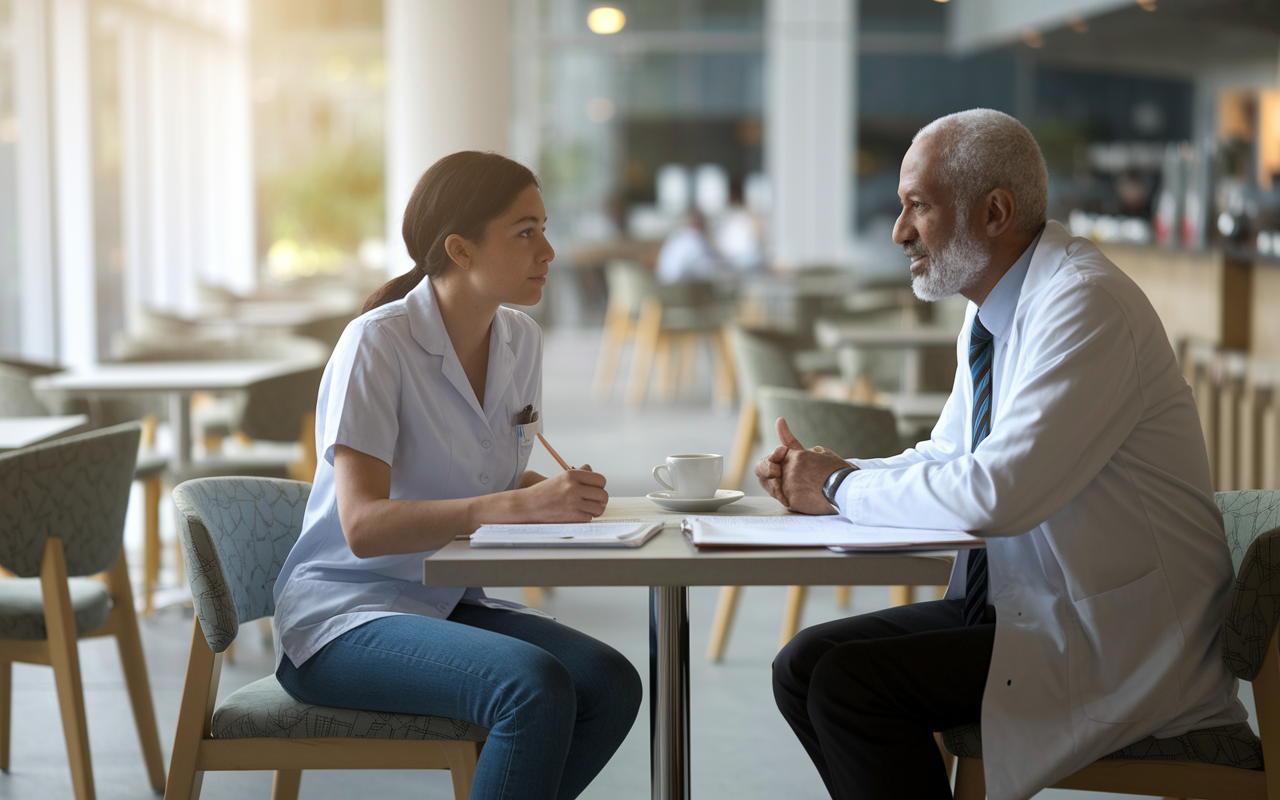 A serene moment in a hospital café where a medical student and her mentor, a seasoned physician, are sitting at a small table discussing career aspirations over coffee. The café is filled with natural light, showcasing an inviting atmosphere. The student is listening attentively, taking notes as the mentor shares wisdom based on his experiences. Papers and medical texts are scattered on the table, emphasizing the importance of ongoing learning and mentorship in medicine.