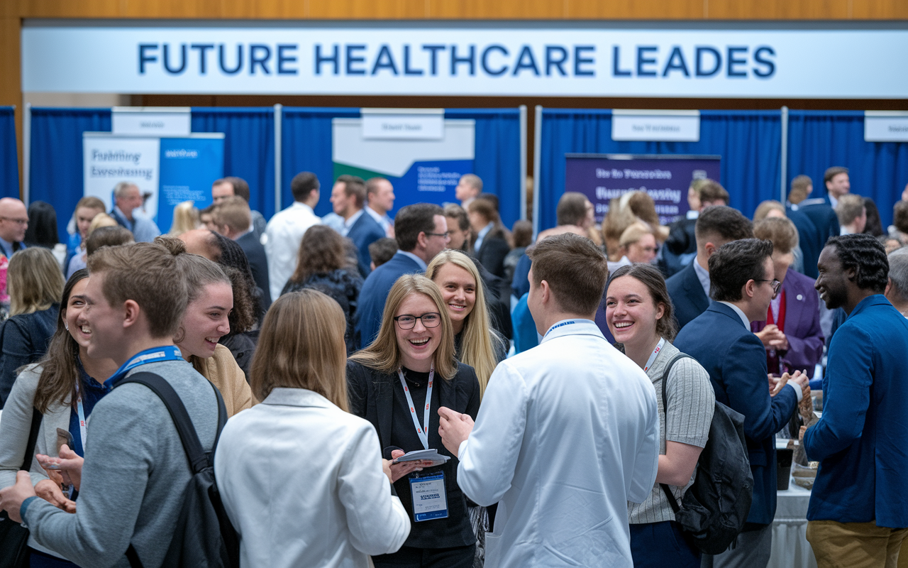 A vibrant scene depicting a networking event where aspiring medical students are mingling with established physicians and healthcare professionals. There are booths promoting various medical specialties, with students eagerly engaging in conversations and exchanging contact information. The ambience is lively, filled with laughter and animated discussions, highlighting the importance of networking and building connections in the medical field. In the background, a large banner reads 'Future Healthcare Leaders'.