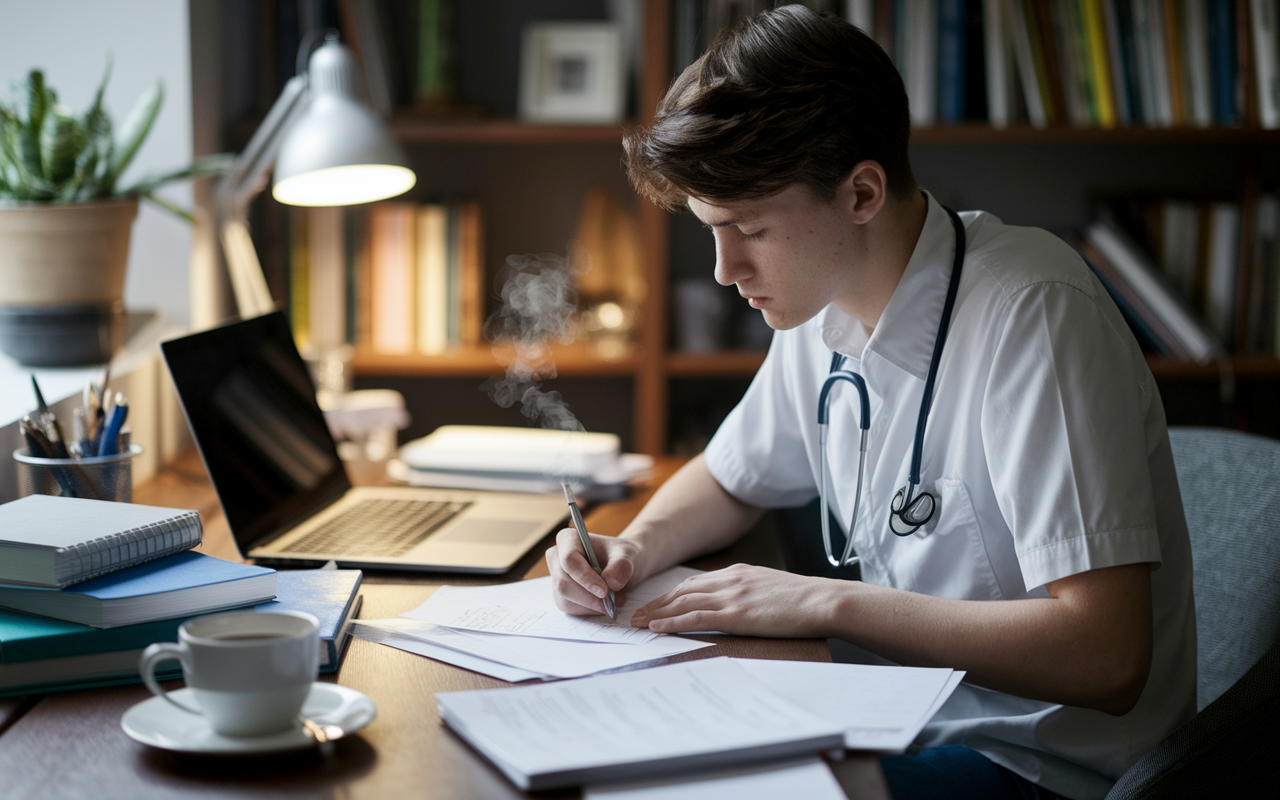 A focused young medical student in a cozy study room, surrounded by textbooks and notes, deeply engaged in writing their personal statement. The desk is cluttered with papers, a steaming cup of coffee beside a laptop, and personal mementos that reflect their journey. Soft, warm lighting creates an inviting atmosphere, highlighting moments of reflection and determination.