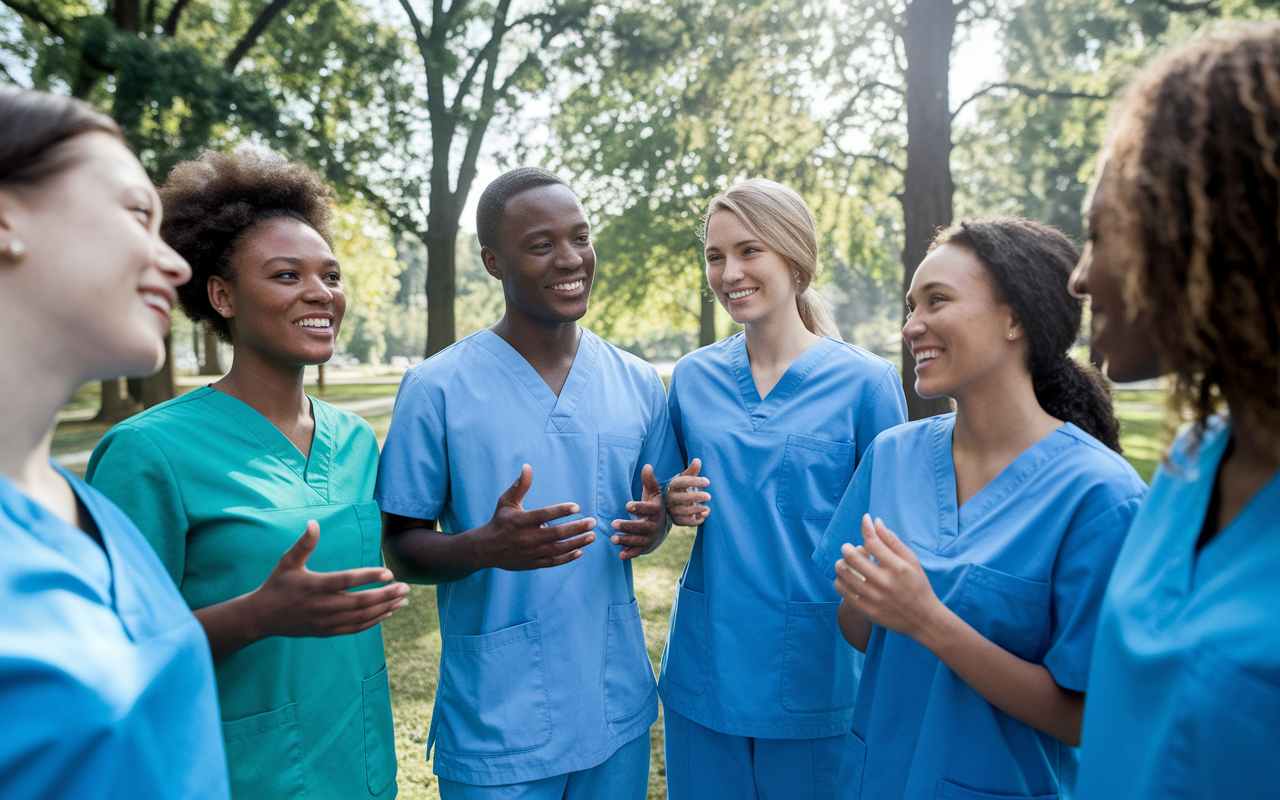 A diverse group of medical students in scrubs discussing their experiences in a community service setting outdoors, with a backdrop of a park filled with trees. Their expressions are warm and engaged, radiating empathy, teamwork, and hope. The sunlight filters through the leaves, casting dappled lighting that enhances the optimistic atmosphere of collaboration and service.