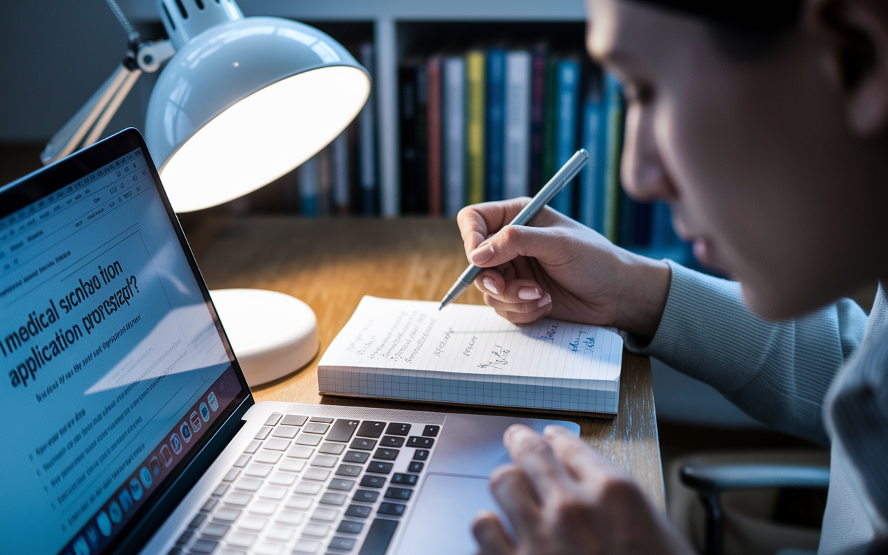 A close-up shot of a student intensely reading a medical school application prompt on their laptop screen. A notepad filled with scribbles and thoughts lies beside them, illuminated by a desk lamp casting focused light. The background suggests an organized workspace, maybe a bookshelf filled with medical literature, capturing the seriousness of preparing for a future in medicine.