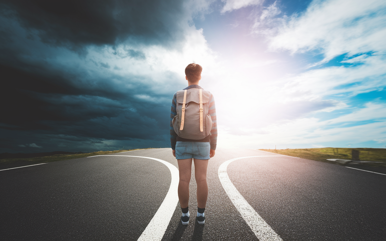 A hopeful young person standing at a crossroads, surrounded by dark clouds on one side and clear skies on the other. They carry a backpack, symbolizing their journey, looking toward the bright horizon of possibilities that lie ahead. The contrast in weather represents the challenges faced and strengths gained, imbued with a feeling of resilience and optimism.