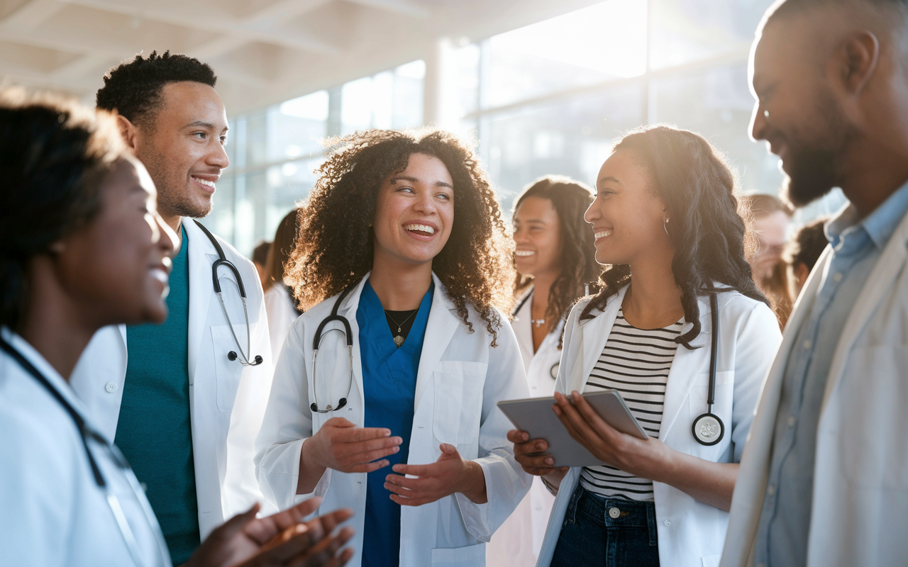 A diverse group of aspiring medical students sharing their personal stories and reflecting on experiences in a bright, open space. The atmosphere is warm and inviting, with soft sunlight illuminating their faces as they listen and engage. Each student displays different emotions—joy, determination, and vulnerability—representing their authentic journeys and aspirations in medicine.