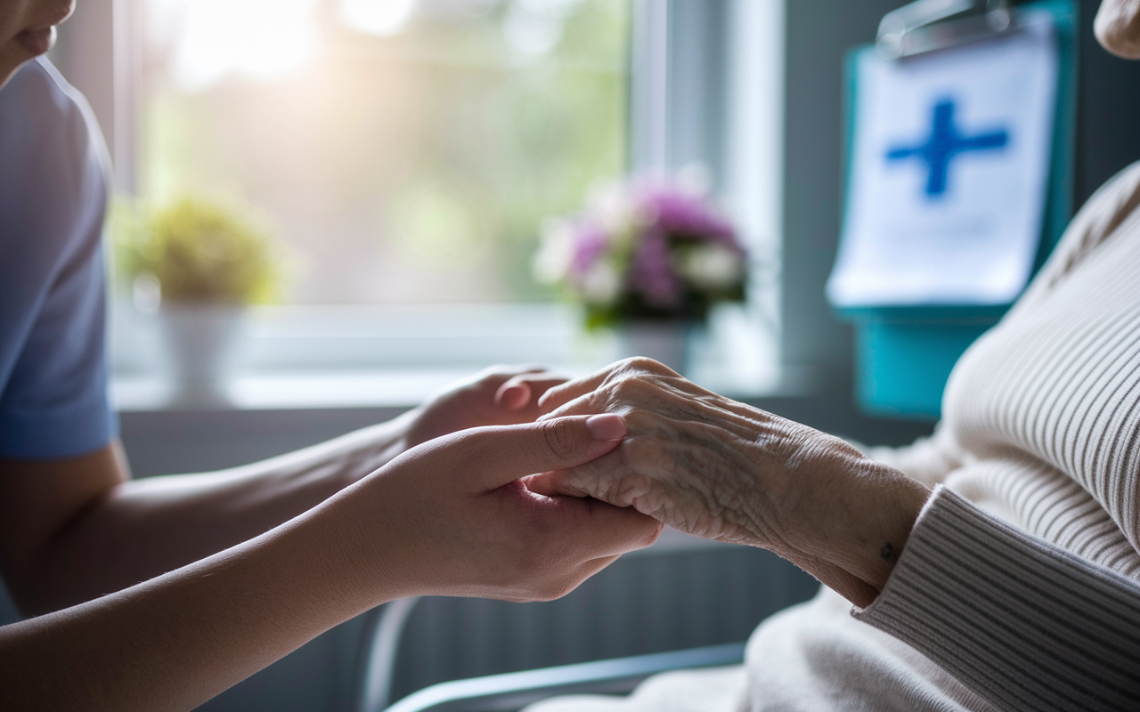 A close-up of a young person's hands gently holding an elderly woman's hand in a hospital room. The window reveals soft sunlight filtering in, creating a peaceful atmosphere. Expression on their face shows deep emotion and connection. A medical chart and a small bouquet of flowers are in the background, symbolizing care and compassion. The scene conveys warmth and tenderness, with a soft focus effect highlighting the emotional bond.