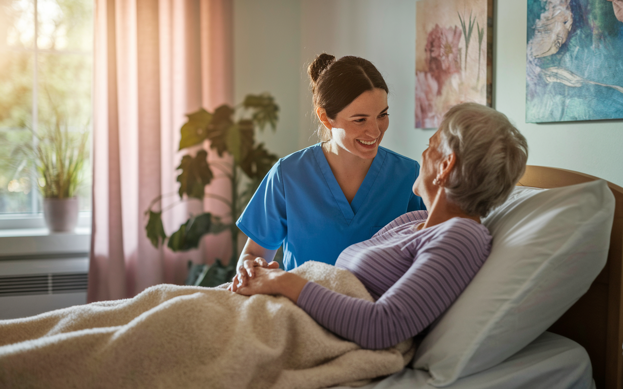 A young volunteer in scrubs interacting with patients in a cozy hospice room. The scene shows a warm interaction with a patient—a gentle smile on their face, while sitting beside a patient in bed with soft blankets. Wall art in the background reflects hope and comfort. Soft afternoon light streams through the window, creating a serene and caring atmosphere.