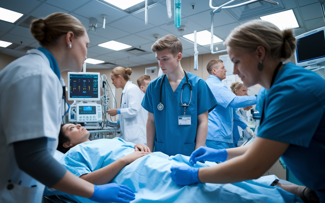 A young medical student in a busy emergency room environment, wearing scrubs, attentively observing a patient being treated. Doctors and nurses are frantically moving around, with monitors beeping and medical instruments in view. The tension is palpable, capturing the fast-paced nature of healthcare. Bright fluorescent lights and a sense of urgency convey the reality of emergency medicine. The image should reflect dedication and the learning experience in the medical field.