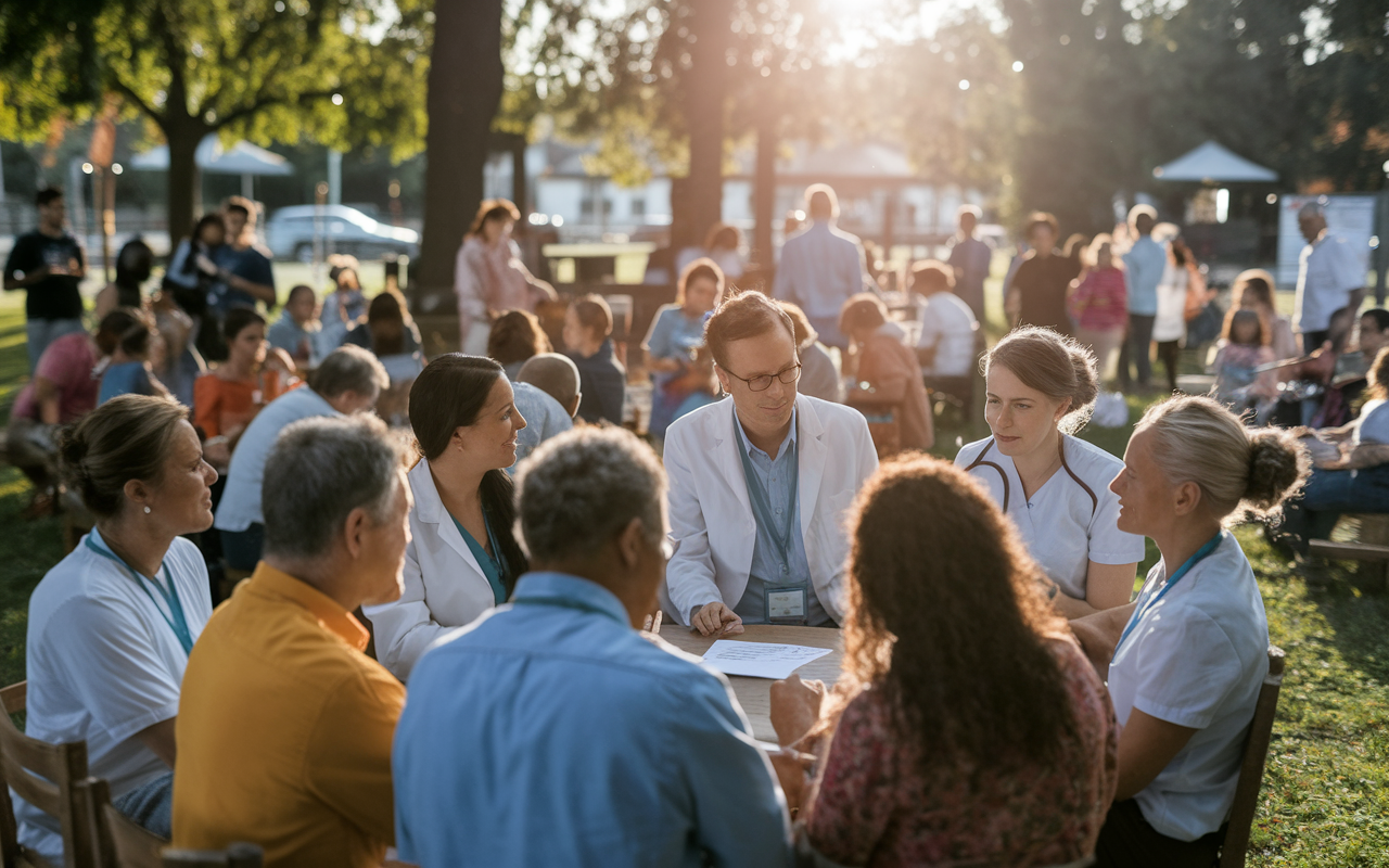 A diverse group of healthcare professionals engaged in a community health workshop. They are interacting with community members, engaging in discussions about health education. The setting is outdoors in a local park, surrounded by trees and families. Warm sunset light casts a golden hue over the gathering, highlighting the inclusivity and community spirit. The scene conveys the importance of cultural competency and accessibility in healthcare.