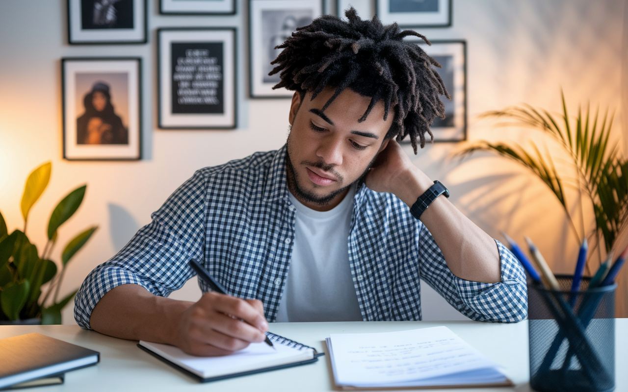 A young writer seated at a desk, deeply focused on crafting their personal statement. Pen in hand, with a notepad filled with thoughts and ideas. Framed photos and motivational quotes are visible in the background, creating an atmosphere of inspiration. Soft, warm lighting creates an inviting feel, symbolizing the journey of self-discovery and introspection. Capture the essence of creativity and authenticity in an intimate moment.