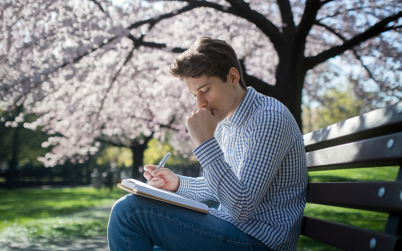 A thoughtful student sitting on a park bench under a blooming cherry blossom tree, deeply reflecting on their past experiences with a journal and pen in hand. Sunlight filters through the branches, casting dappled light on the pages filled with notes. The student's expressions hint at a mix of nostalgia and determination, portraying the introspective process of crafting a personal statement. The serene park scene symbolizes growth and personal reflection.