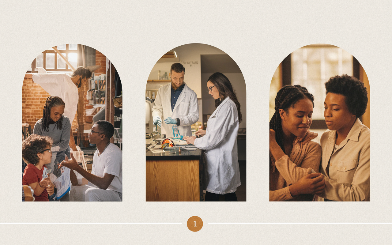 A montage of pivotal moments in a young medical student's life depicted in a collage style. The first image shows a student volunteering at a homeless shelter, assisting a family. The second illustrates a mentor and student in a lab, working on a research project together. The third captures a moment of compassion, comforting a friend during a difficult time. Each scene is framed in a warm, nostalgic light, symbolizing growth and inspiration in their journey toward medicine.