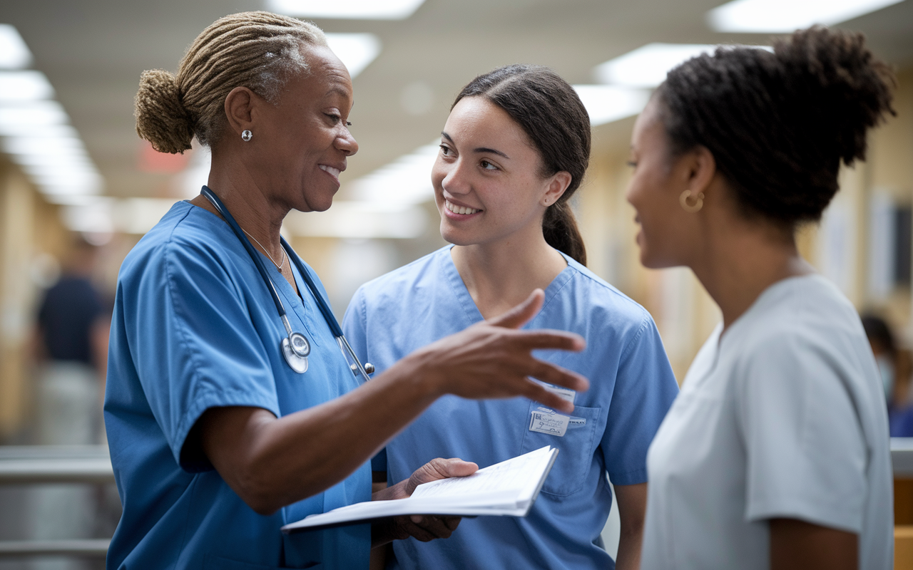 An inspiring scene of a young student receiving guidance from an experienced, compassionate mentor in a hospital setting. The mentor, dressed in scrubs, gestures towards a patient’s chart, sharing insights and encouragement. The student listens intently, eyes bright with ambition and respect. The atmosphere is filled with warmth and mentorship, with soft hospital lighting highlighting the importance of relationships in the medical profession.