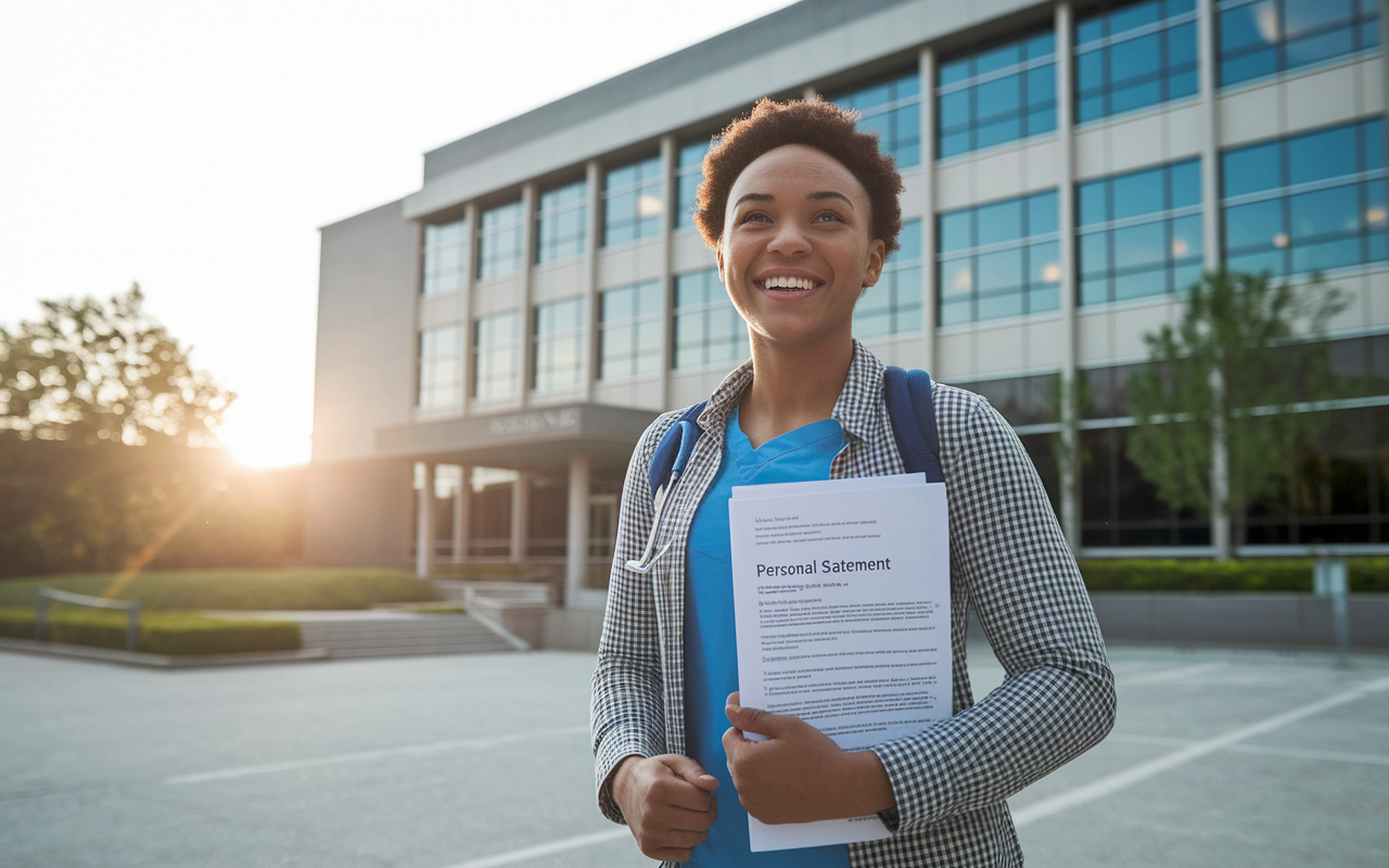 A confident student standing in front of a medical school building, holding their finalized personal statement with a big smile, symbolizing achievement and readiness. The sun is setting behind the structure, casting a golden hue over the scene, enhancing the sense of accomplishment and hope for the future in medicine. The student’s attire is smart-casual, reflecting a blend of professionalism and youthful ambition.