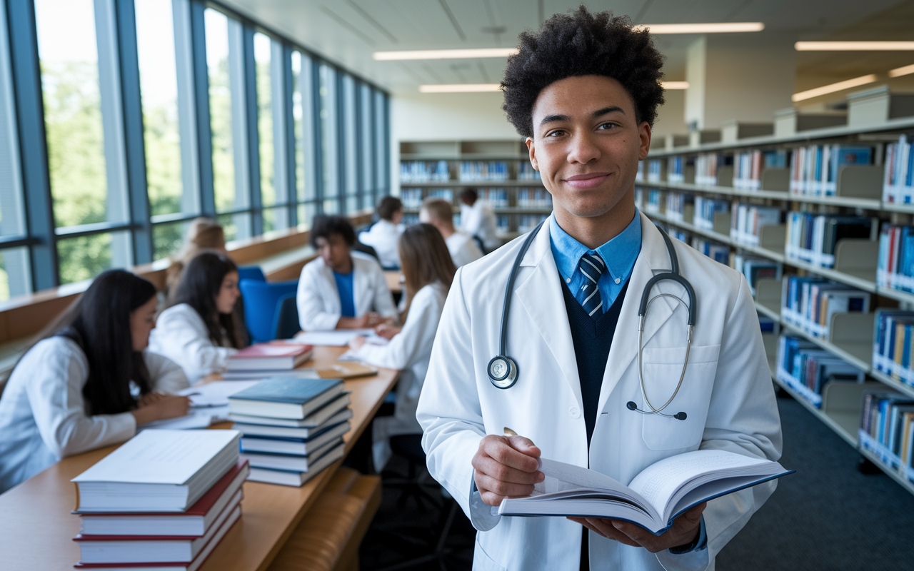 A young medical student standing confidently in a university library, surrounded by stacks of medical textbooks and research papers. The light filters through large windows, illuminating the determination in their expression. The student holds a journal, flipping through pages filled with reflections on challenges faced and personal growth achieved. Other students in the background engage in study groups, creating a dynamic atmosphere of support and ambition.