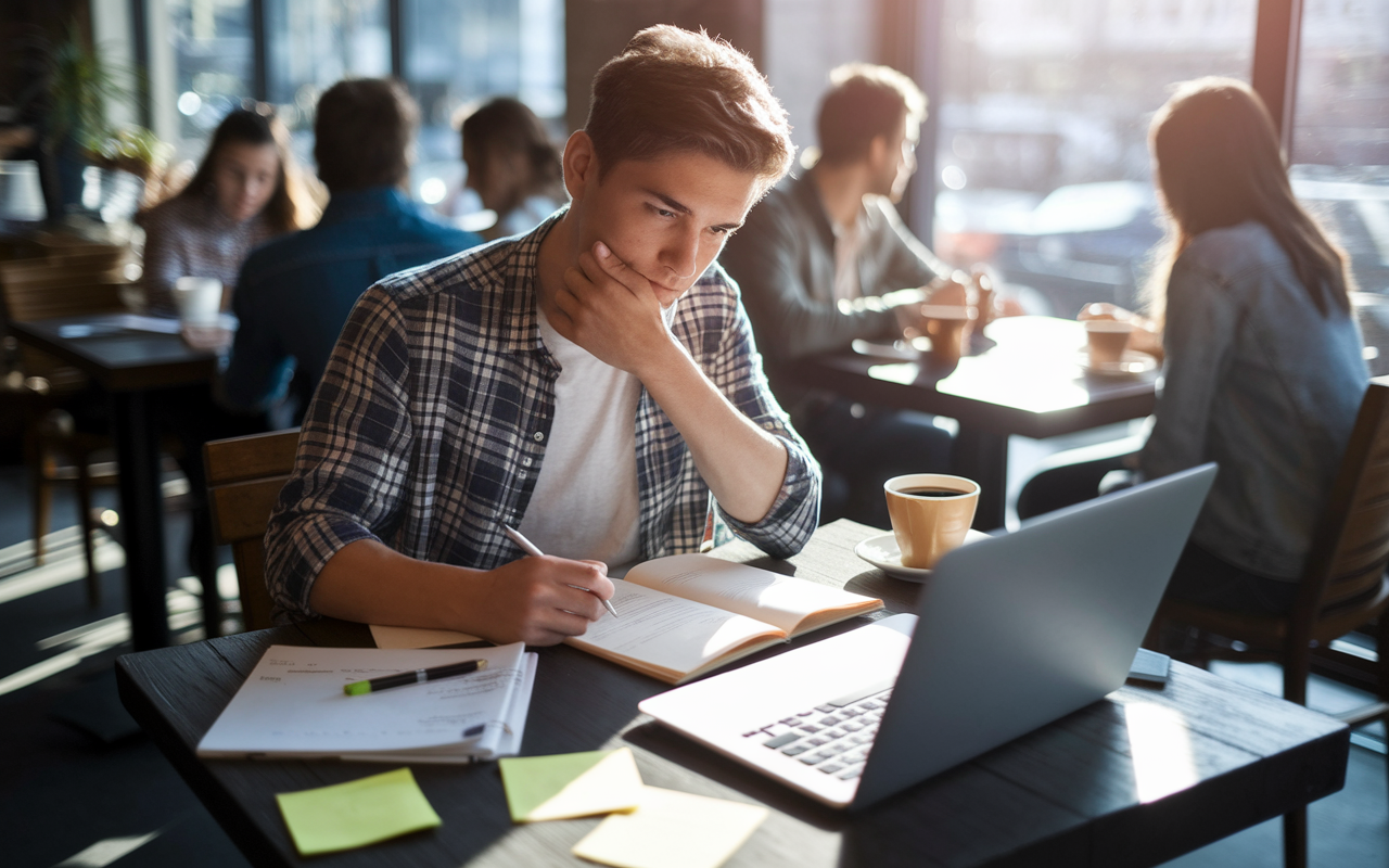 A focused young student seated at a wooden table in a cozy café, pouring over notes and a laptop as they craft their personal statement. Sunlight streams through the window, casting a warm glow on their thoughtful expression. Surrounding them are cups of coffee, a laptop displaying a blinking cursor, and scattered sticky notes with key ideas. The café ambiance is filled with fellow students engaged in discussions, creating a supportive environment for creative thought.