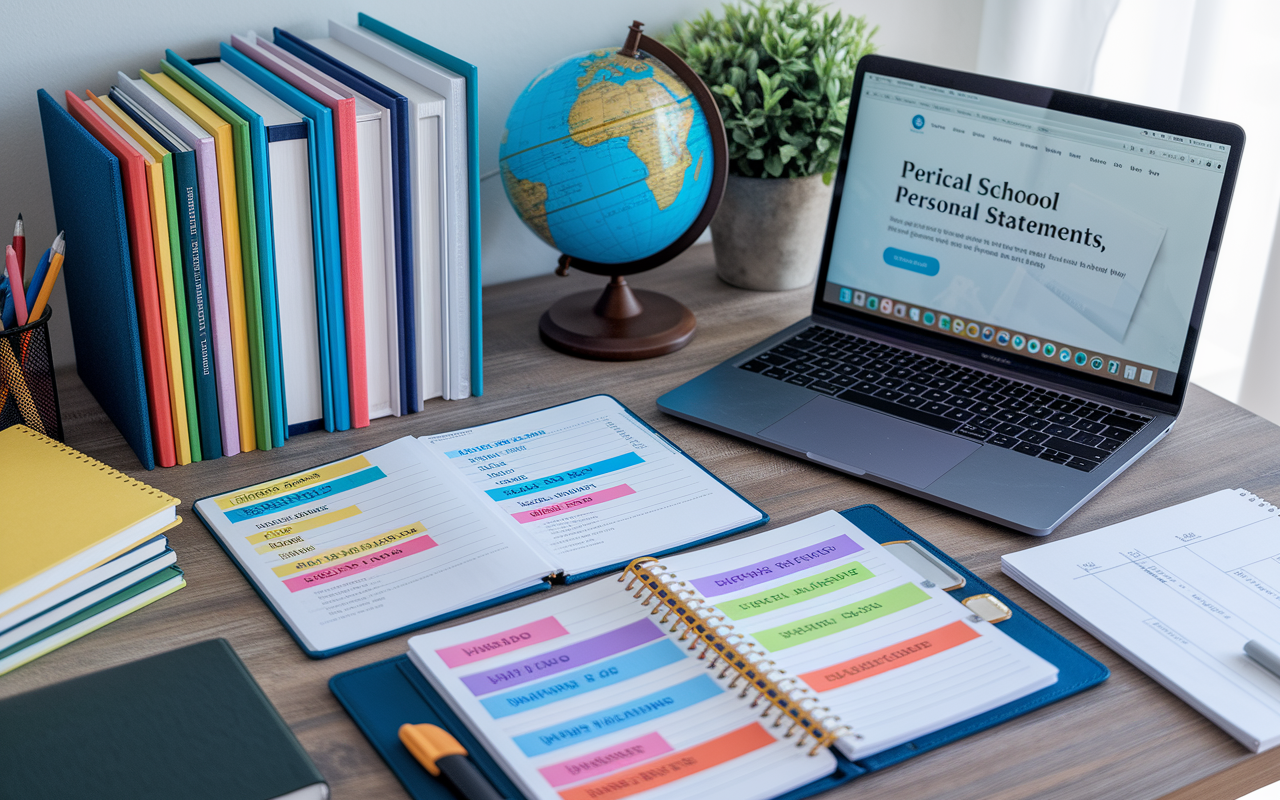 An organized desk filled with various resources for medical school applications, including a neatly arranged stack of books, a laptop open to a webpage about personal statements, and a planner with colorful notes and deadlines. A small globe and plant add life to the scene, symbolizing the global impact of healthcare. The setting conveys a sense of enthusiasm and diligence in preparing for a future in medicine.