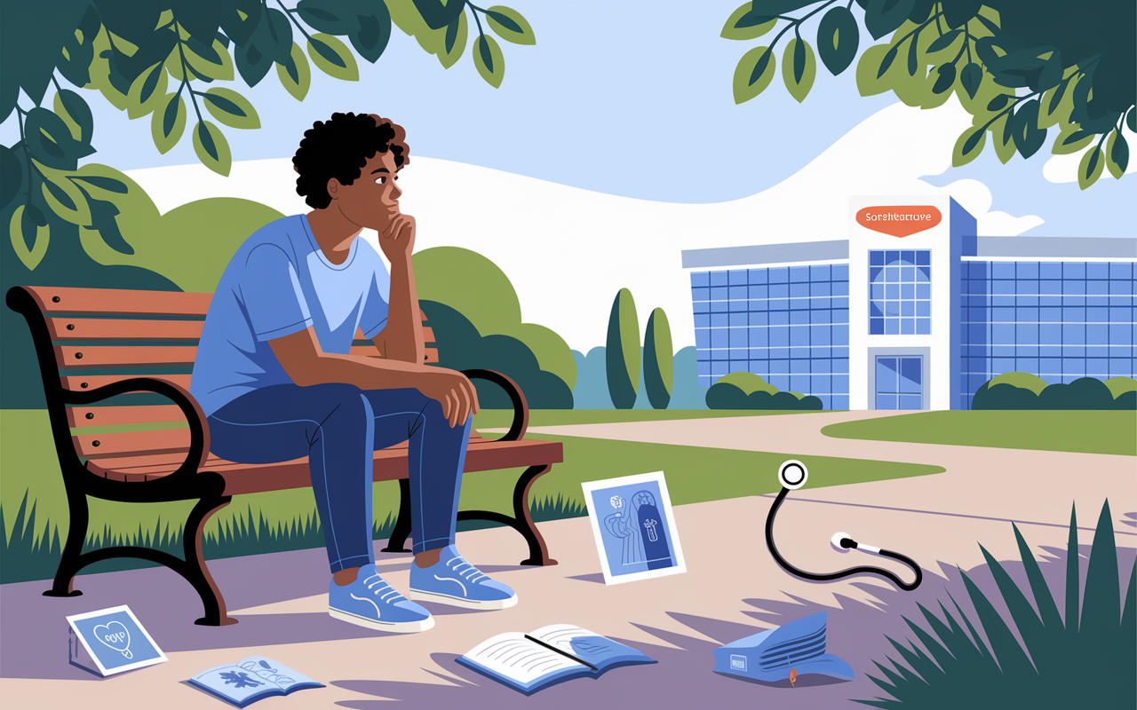 An illustration depicting a young individual reflecting on their motivations to pursue a medical career. The scene shows them seated on a park bench, gazing thoughtfully at a healthcare facility in the distance. Around them are symbolic representations of their experiences—images of volunteer work, a stethoscope, and medical books scattered on the ground. The setting is serene with natural light filtering through leaves, creating a calming atmosphere of reflection, captured in a vibrant, semi-realistic art style.