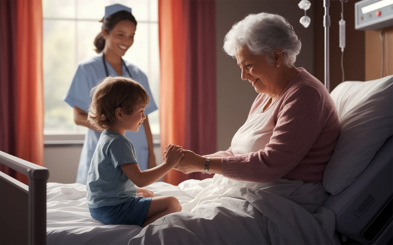 A poignant scene of a young child sitting at the edge of a hospital bed, holding the hand of an elderly woman with a gentle smile. The room is softly lit, with warm colors reflecting the bond of love and care. An empathetic nurse enters the room with a cheerful expression, creating a contrast that showcases the emotional impact of healthcare. This intimate moment highlights the inspiration behind pursuing a medical career, rendered in a tender, emotive art style.