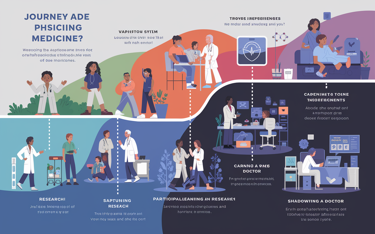 A visual timeline depicting the journey of an aspiring physician from childhood fascination with medicine, through various impactful experiences such as volunteering at a clinic, participating in research, and shadowing a doctor. Each moment is illustrated with small, engaging vignettes capturing emotions of learning and growth. The background gradient transitions from light to darker colors symbolizing challenges and achievements along the way, presented in a detailed infographic style.