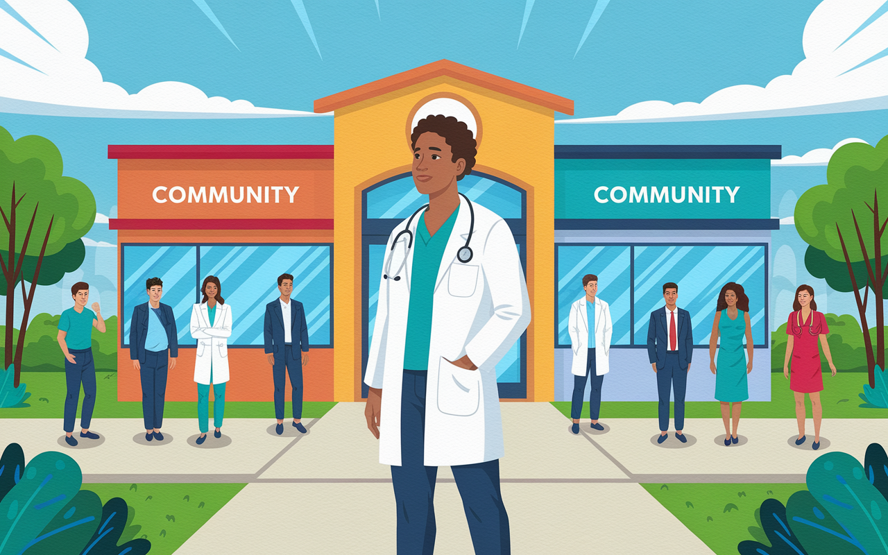 A hopeful vision of a young doctor standing in front of a diverse community clinic, ready to serve. The scene shows the doctor in white coat looking confidently into the distance, envisioning their future in healthcare. Behind them, a vibrant community setting with people of various backgrounds who represent those in need of medical care. The lighting is bright and optimistic, with uplifting colors symbolizing hope and determination, illustrated in a realistic style.