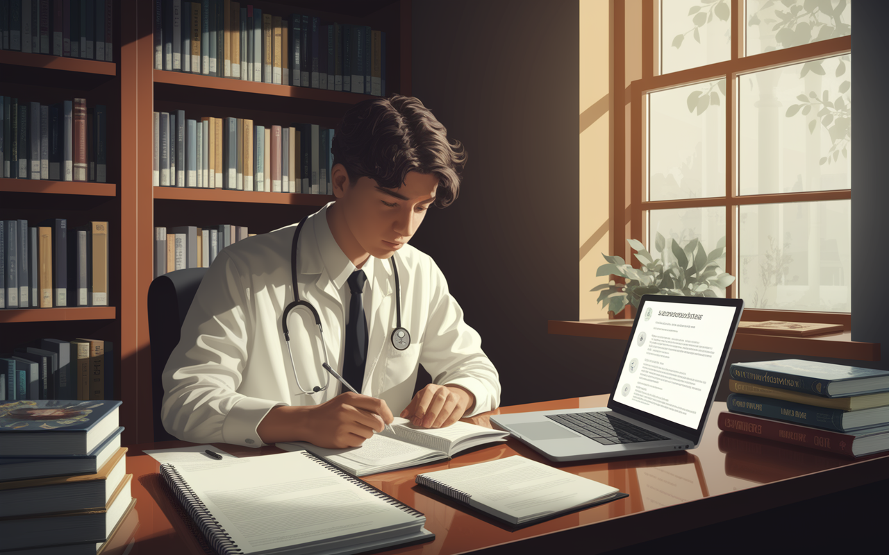 A dedicated student in a serene library, revising their personal statement with focused determination. They are surrounded by open notebooks, a laptop displaying comments, and a stack of medical books. The light from a nearby window casts a calm glow, reflecting the serious yet hopeful atmosphere of preparing for a medical career. The scene is rich in detail, capturing a moment of introspection and effort in a warm, inviting art style.