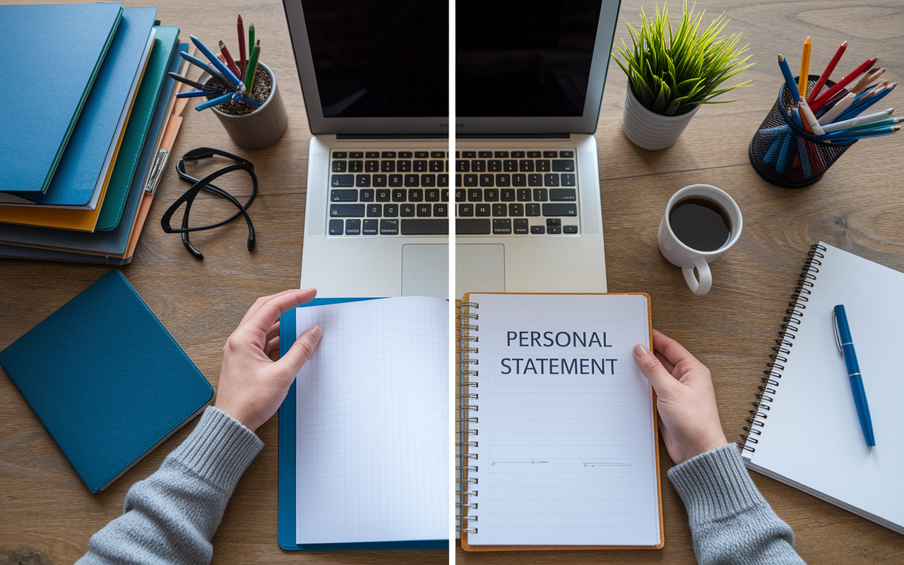 A split-screen image showing two contrasting scenarios: on one side, a cluttered desk with a hastily written personal statement, and on the other side, a neatly organized desk with a thoughtfully drafted personal statement in a clean folder. The contrasting sides illuminate the importance of preparation, highlighting attention to detail in the personal statement process.