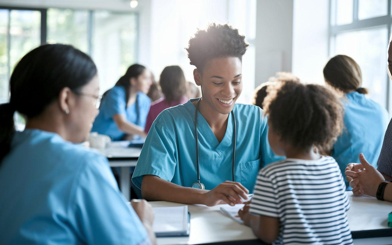 A serene scene of a young person volunteering in a community health clinic. The setting is busy with diverse patients being attended to by healthcare professionals. The volunteer, a compassionate young adult, interacts with a child, emphasizing the warmth of human connection. Natural light spills through large windows, creating a hopeful and inviting atmosphere.