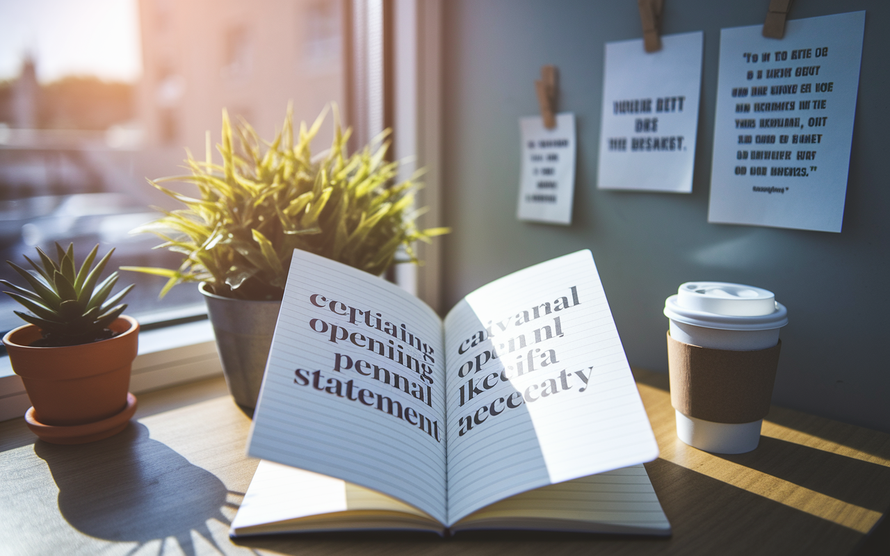 An open notebook positioned against a window, displaying a captivating opening line for a personal statement, surrounded by items that evoke inspiration like a potted plant, coffee cup, and inspirational quotes posted on the wall. Soft afternoon light fills the space, creating a warm atmosphere indicative of brainstorming and creativity.