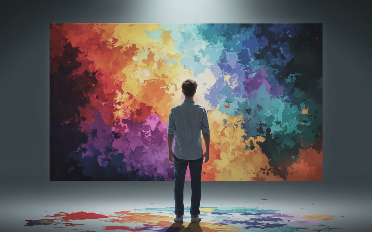 A visual metaphor for vivid storytelling: a person standing in front of a large canvas, painting their known experiences and aspirations in vibrant colors. The artist’s palette is full of rich hues symbolizing different emotions and experiences in medicine, while soft light beams down, illuminating the creation process.