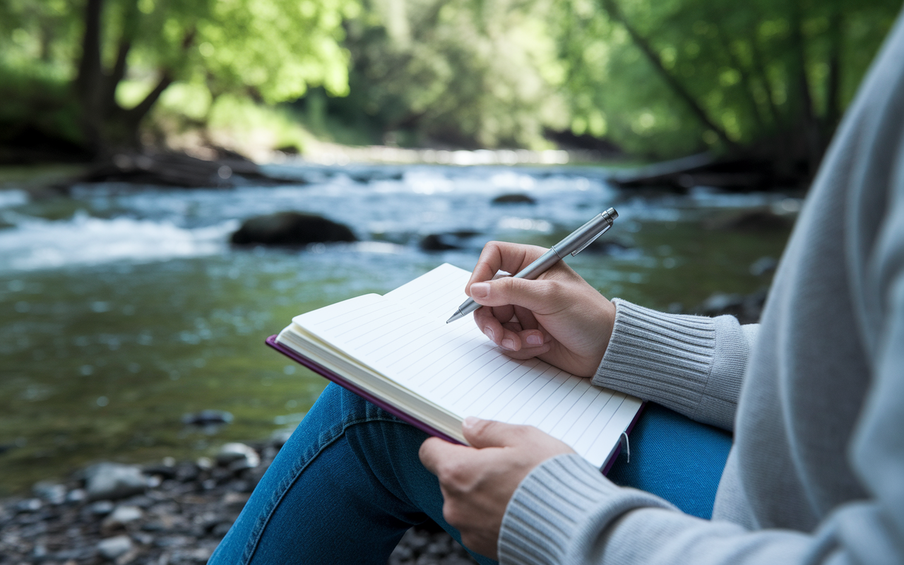 A contemplative scene featuring an individual sitting in a peaceful nature setting, with a journal open on their lap, pen poised in hand as they reflect deeply. Vivid natural surroundings, such as trees and a flowing river, symbolize growth and introspection, reinforcing the importance of personal experiences in medicine.