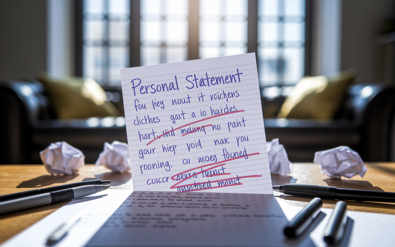 A close-up of a handwritten draft of a personal statement filled with crossed-out clichés and phrases. The paper is slightly crumpled, indicating multiple revisions, surrounded by pens and crumpled papers scattered around. In the background, a large window filters soft morning light into a cozy workspace, creating an air of determination and hope as the writer strives for authenticity in their writing.