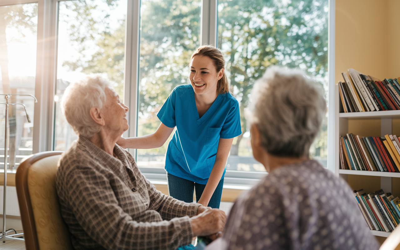 A young volunteer interacting with elderly patients in a bright nursing home, demonstrating compassion and attentiveness. The scene captures the warmth of the moment, with natural light streaming through large windows, highlighting the smiles on the faces of both the volunteer and the patients. Surrounding objects, like medical equipment and a variety of books on a shelf, reinforce the theme of caring for the elderly in a medical context.