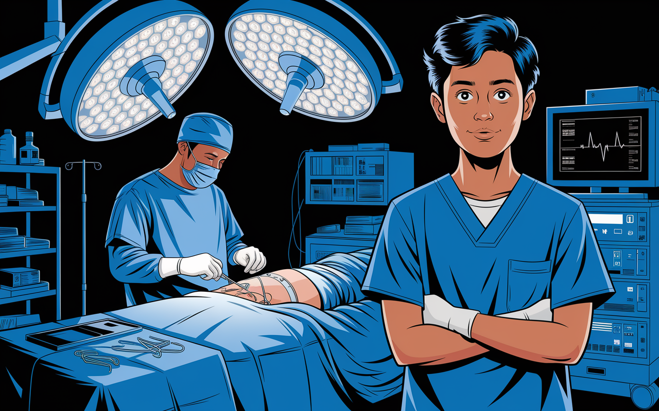 A vivid illustration of a young medical applicant vividly reminiscing about their epiphany while witnessing a surgical procedure. The scene shows a dynamic operating room with bright, overhead lights glinting off the surgical instruments, and a surgeon skillfully performing a procedure. The applicant, standing in scrubs, is depicted with wide eyes and an expression of awe and inspiration, symbolizing their decision to pursue a career in medicine.