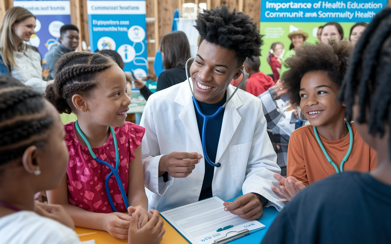 A young medical applicant actively involved in a community outreach program, passionately engaging with a diverse group of children at a health fair. The vibrant atmosphere is filled with interactive health education booths, illustrating the importance of community health. The applicant is depicted with a compassionate smile, holding a stethoscope, while children enthusiastically ask questions. The scene conveys warmth, engagement, and a deep commitment to making a difference in underserved populations.