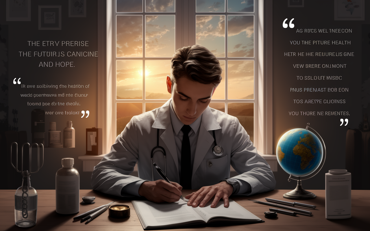 A thoughtful and introspective scene of the same medical applicant penning the closing lines of their personal statement, surrounded by symbols of medicine and hope. The backdrop shows a sunset through a window, illuminating the room with golden light while the applicant's expression conveys determination and hope. Various medical tools, a globe representing global health, and inspirational quotes are softly illuminated in the background, symbolizing the applicant's commitment to their future in medicine.