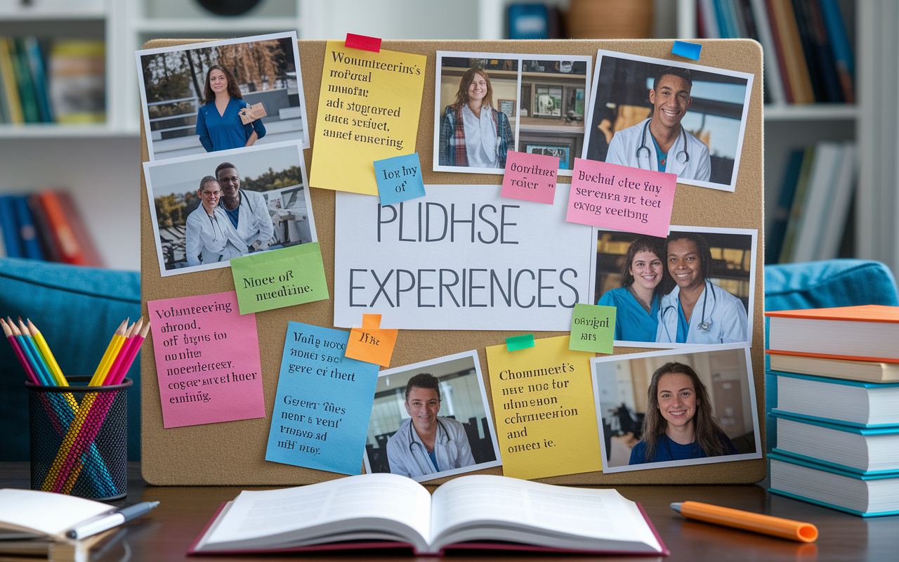 A vision board filled with photographs, newspaper clippings, and mementos showcasing a student’s diverse experiences related to medicine. It includes images of volunteering abroad, medical research, and community service, with colorful notes and inspiring quotes interspersed. The board is bright, evoking a sense of aspiration and commitment, placed against a cozy study setting.