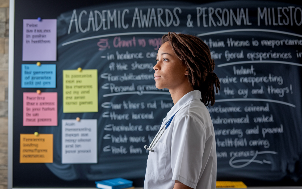 A thoughtful student standing before a chalkboard filled with a mix of academic awards and personal milestones. The background features motivational posters and snippets of personal experiences in healthcare. The lighting casts a thoughtful glow, illustrating the balance between academic success and personal growth. The atmosphere is introspective, highlighting the importance of well-rounded narratives.