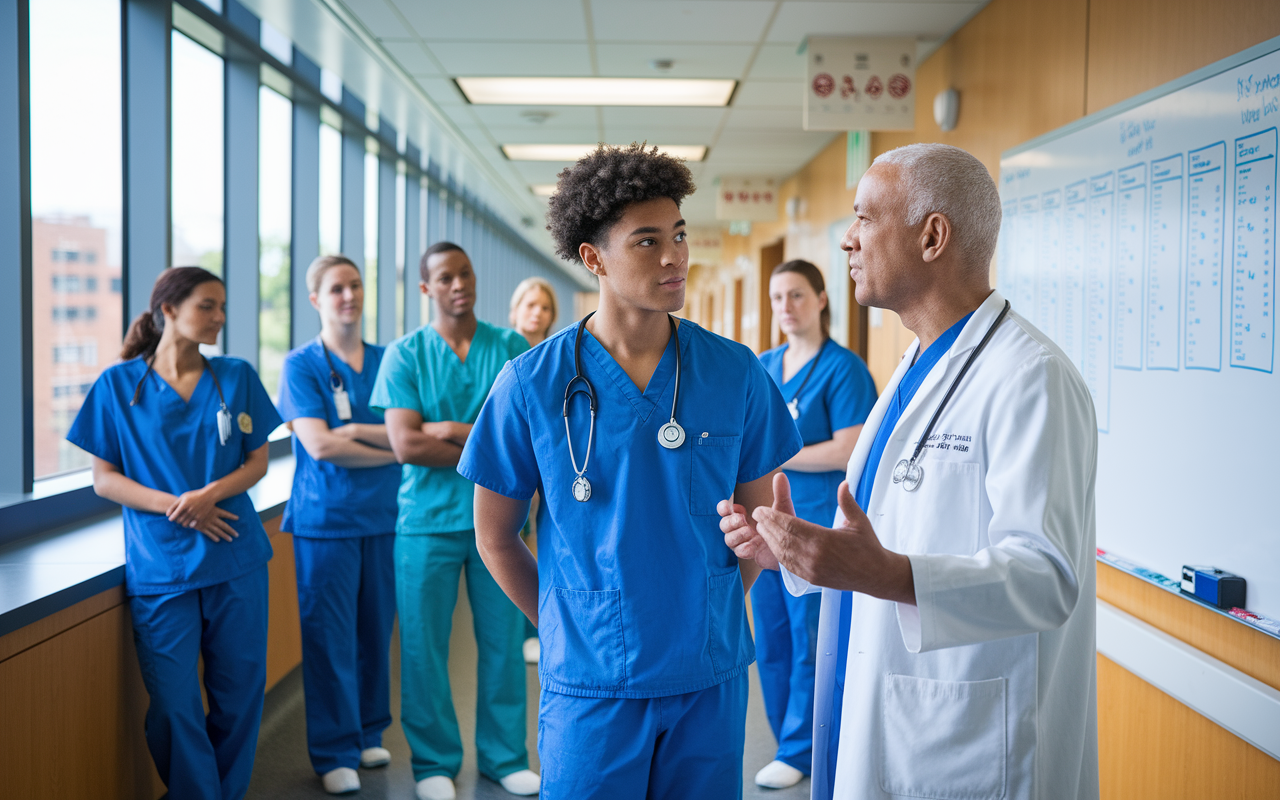 Inside a bustling hospital corridor, a young pre-med student listens intently to an experienced physician explaining the day-to-day operations of the medical unit. They stand side by side, surrounded by nurses and doctors in scrubs, with a whiteboard in the background detailing patient charts. The atmosphere is vibrant, with natural light streaming in through large windows, conveying a sense of activity and professionalism.