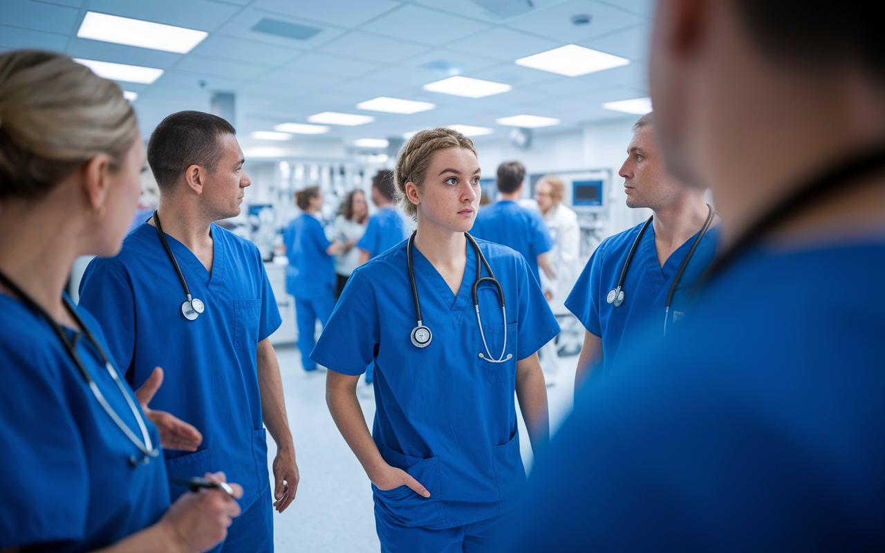 In a fast-paced emergency room, a medical student adjusts to a sudden change in plans while actively participating in a medical team huddle. The room is filled with healthcare professionals in scrubs, discussing next steps urgently. Bright, clinical lighting illuminates the space, creating a feeling of urgency and teamwork. The student looks eager and attentive, reflecting their readiness to learn and contribute.