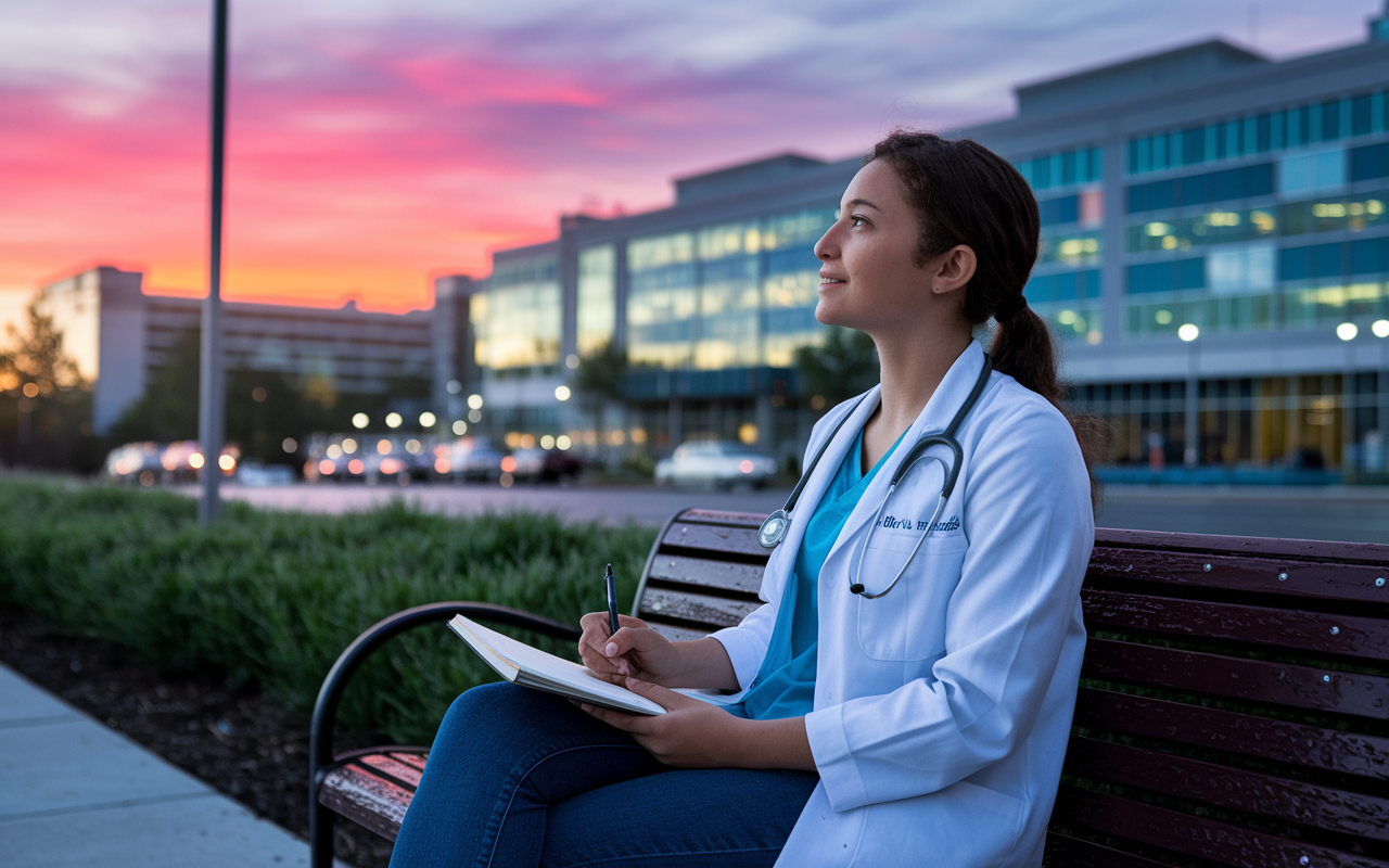 A thoughtful medical student sits on a bench outside a bustling hospital, gazing into the distance while holding a journal. The ambiance reflects a peaceful moment after a busy day of shadowing. The backdrop showcases the hospital’s facade and a vibrant sunset, symbolizing both the challenges and joys of their shadowing experience. The student appears contemplative, writing notes about their observations and emotions, signifying their personal growth and dedication to medicine.